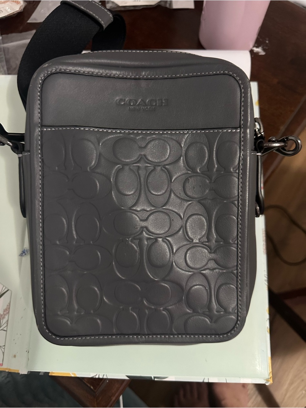 Coach Gray Embossed Signature Leather Messenger Crossbody